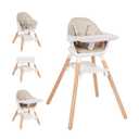 Baby High Chair, 6 in 1 Wooden Convertible High Chairs for Babies and Toddlers, Booster Seat with Double Tray & Reversible Footrest Baby Highchair, 5-Point Harness Baby Feeding Chair, Beige