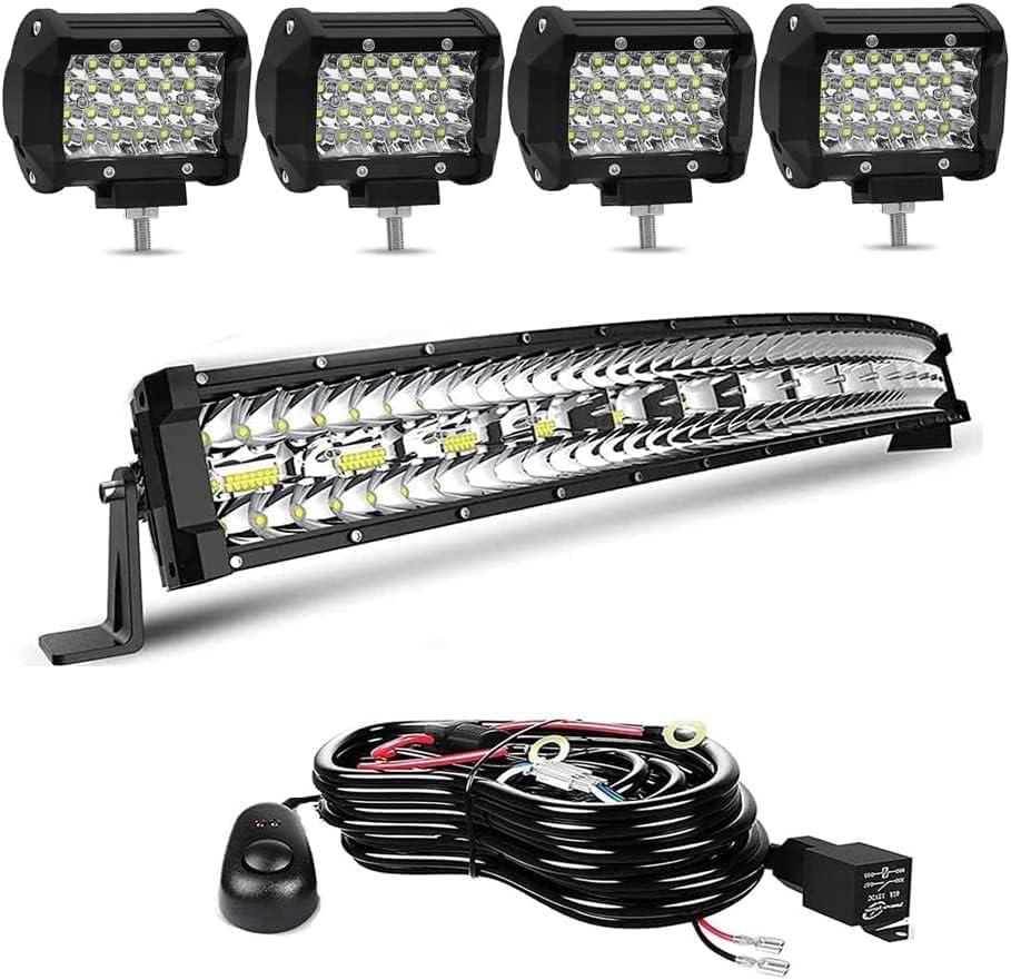 LED Light Bar- 20/22 Inch Curved 390W Triple Row Offroad Driving Spot Flood Combo Beam Bar + 4pc 4inch 72W Led Pod Lights with Wiring Harness Fit for Pickup Trucks SUV ATV UTV Boat Lights (Black)