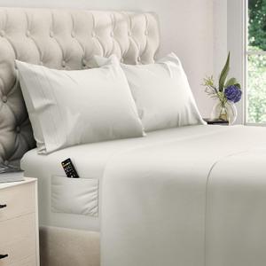 DREAMCARE King Size Sheets Set - Cooling Bed Sheets - 4pcs Set - up to 15" Deep Pocket King Sheet Set Soft & Long Lasting Cooling - 100% Fine Brushed Polyester with Side Pocket - Ivory