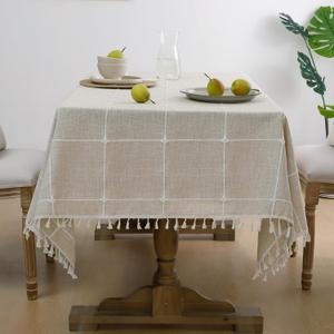 Softalker Outdoor Tablecloth Rectangle, Waterproof Linen Cotton Farmhouse Table Cloths with Tassel, Heavy Weight Wrinkle Free Boho Table Cover for Picnic Camping Dining - 55 x 84 Inch, Coffee Plaid