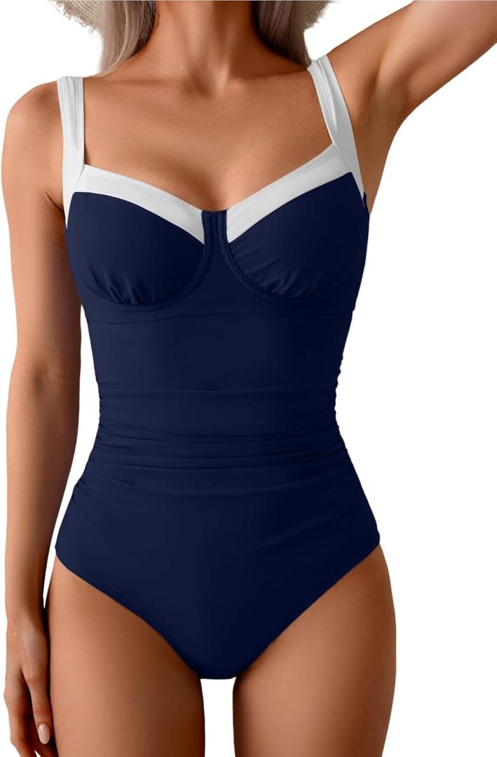 B2prity Women's One Piece Swimsuits Tummy Control Bathing Suits Push Up Swim Suit Color Block Swimwear (X-Large, Navy Blue, White)