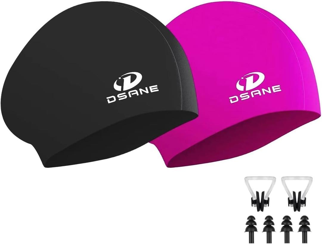 2 Pack Womens Silicone Swim Cap for Long Hair,3D Ergonomic Design Silicone Swimming Caps for Women Kids Men Adults Boys Girls with Ear Plug and Nose Clip(L)