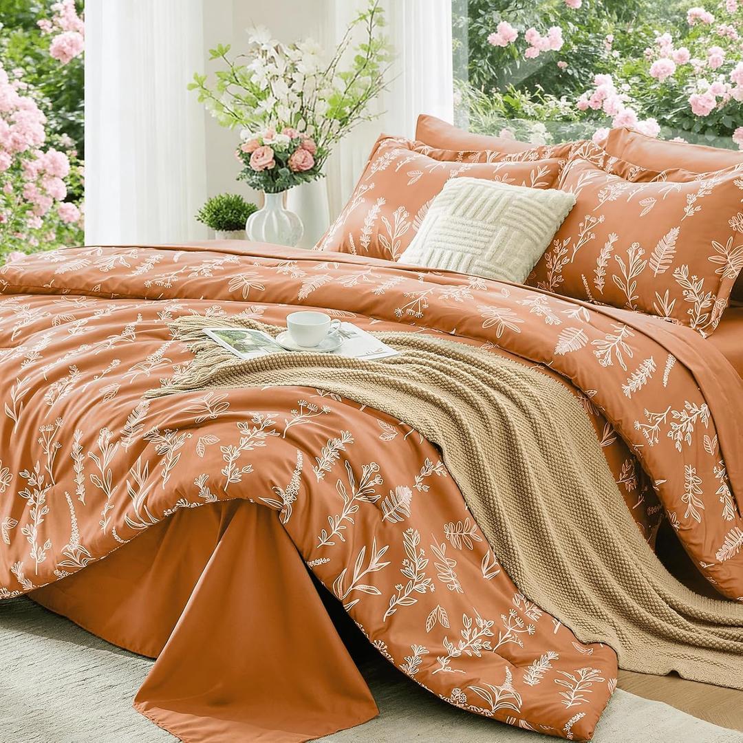 MUXHOMO Burnt Orange Full Comforter Set, Elegant Floral Print Bed in a Bag 7 Pieces, Ultra Soft & Breathable Reversible Botanical Pattern Bedding Set with Comforter, Sheets, Pillowcases, and Shams (Full(82"x86"))