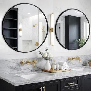 Round Bathroom Mirror for Wall, 2 Pack 30" Black Circle Mirror, Tempered Glass Bathroom Mirror for Over Sink, Modern Metal Framed Round Vanity Mirror for Entryway, Bedroom, Living Room
