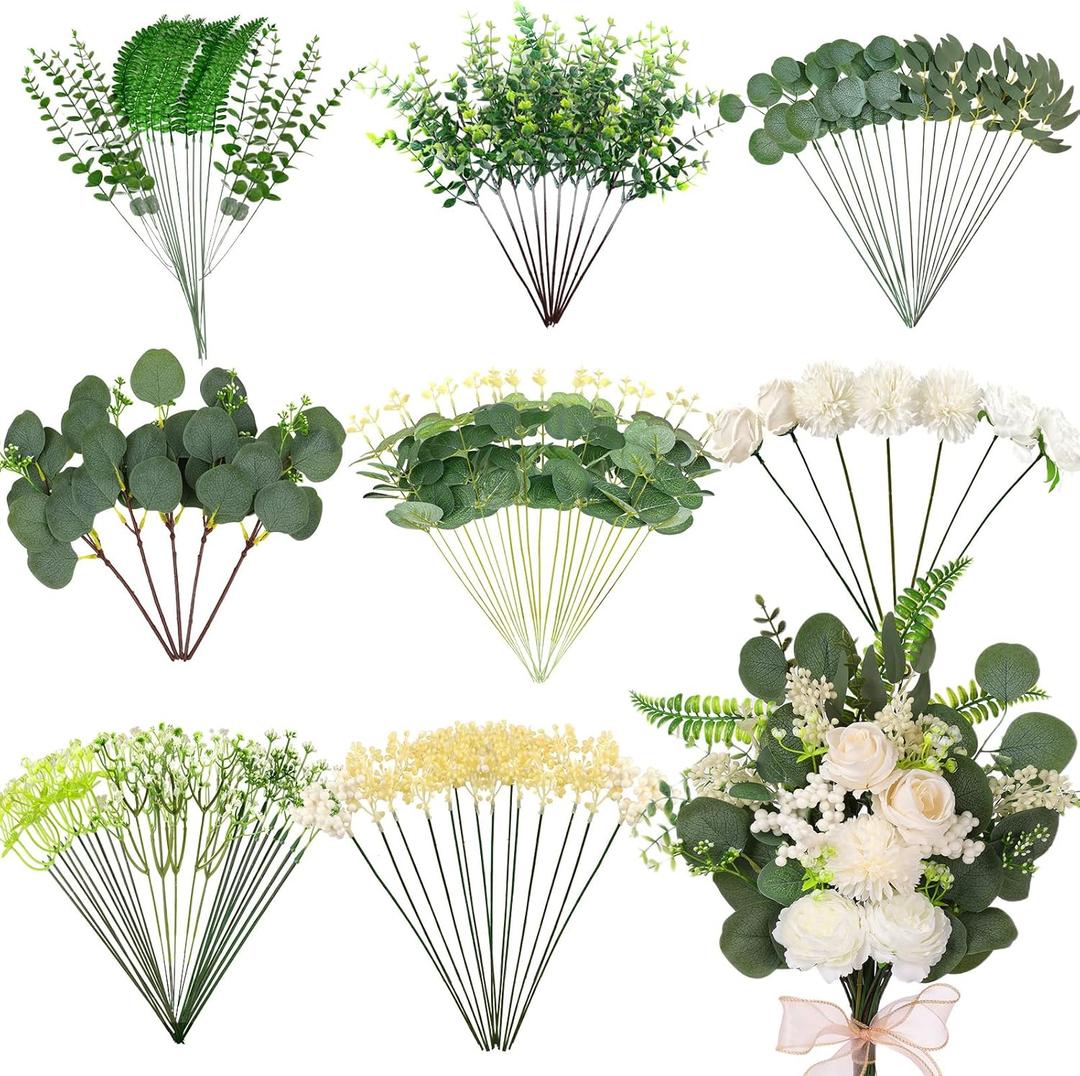 120PCS 15 Kinds Artificial Eucalyptus Stems Mixed Faux Eucalyptus Stems Leaves and Flowers Bulk Silver Dollar Eucalyptus Stems for Floral Arrangements Wedding Home Vase Bouquet Greenery Decoration (Sage Green & White)