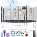 Lyromix Upgraded 10/12/14/15/16FT Trampoline with Light, Stakes, Sprinkler, Basketball Hoop and Net, Capacity for 4-6 Kids and Adults (Black)