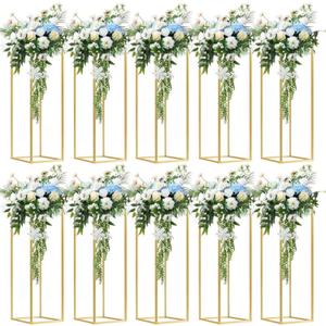 10 pcs 31.5inch/80cm High Gold Flower Stand Metal Vase Column Geometric Centerpiece Stands, Wedding Centerpieces Gold Vases Rectangular Flower Display Rack for Wedding, Party Decoration