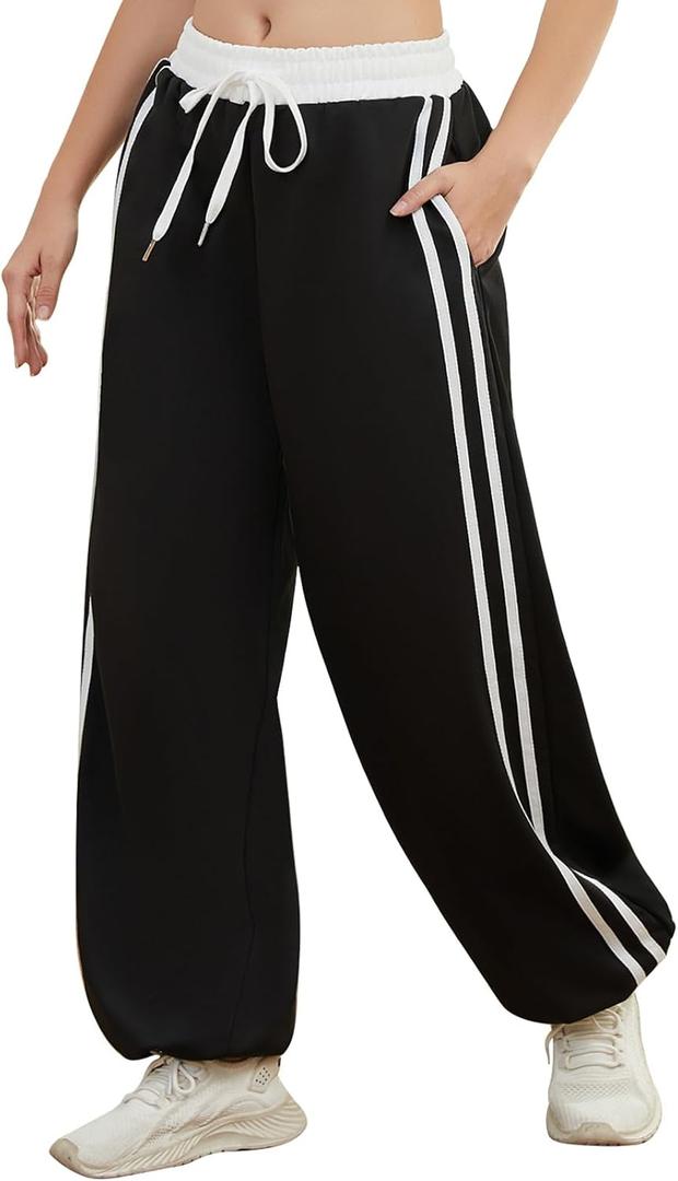 Unsenthy Track Pants Women Wide Leg Sweatpants High Waisted Baggy Joggers Side Stripe Drawstring Ankle Pant with Pockets (X-Large, Black)