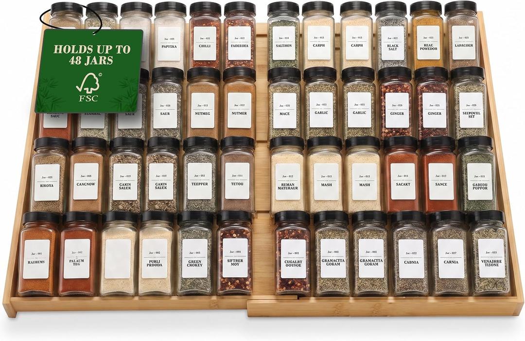 Bamboo Spice Drawer Organizer, Expandable 12 to 23 Inch Insert Holds 48 Jars, 4 Tier Seasoning Rack for Kitchen Drawer or Countertop, Adjustable Wood Spice Organizer