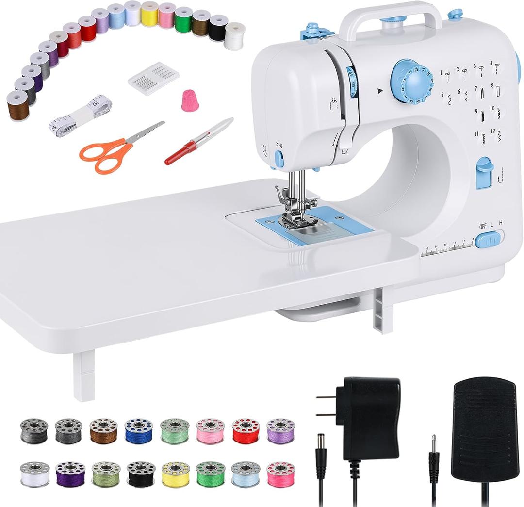 Mini Sewing Machine for Beginners & Kids with Extension Table, Portable | 12 Built-in Stitch Patterns, 2-Speed Foot Pedal, Upgrade Sewing Kit, Perfect for Teaching Daughter & Grandaughter to Sew