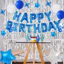 Silver Blue Birthday Party Decorations, Blue Happy Birthday Banner, Silver Fringe Curtain, Blue Silver Star Foil Balloons, Blue White Blue Confetti Balloons, for Boys Men Birthday Party Supplies