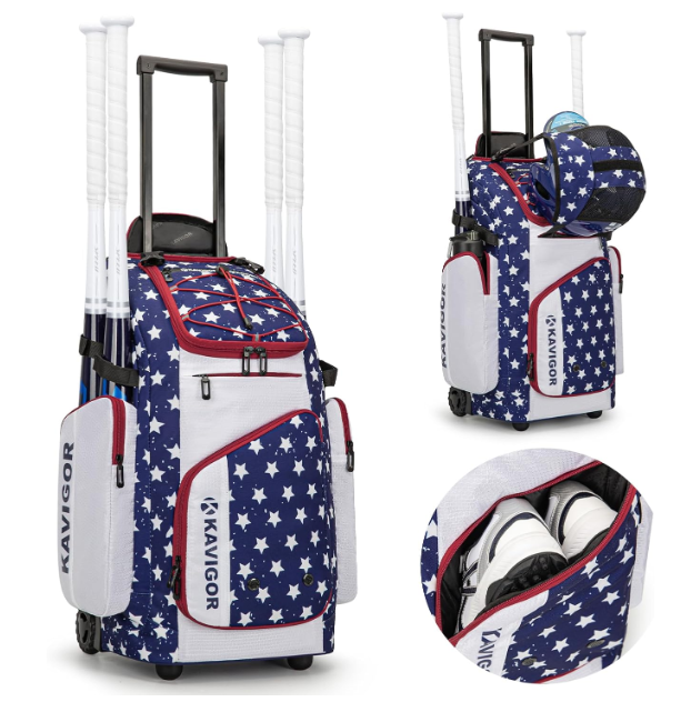 Rolling Baseball Bag with Wheels, 60L Capacity Softball Bag Holds 4 Bats for Boys and Girls, Youth Equipment Bag with Shoe Compartment (Red White & Blue)