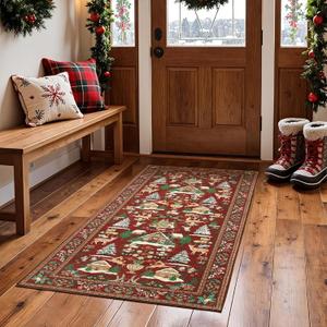 jinchan Christmas Rug 3x5 for Entryway Kitchen Maroon Holiday Rug for Bedroom Christmas Tree and Cabin Printed Xmas Decor for Living Room Bathroom Washable Non Slip Decorative Floor Carpet