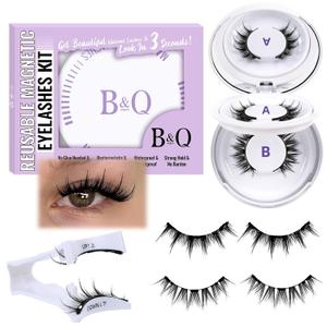 B&Q Magnetic Eyelashes Natural Look 2 Pair Magnetic Lashes with Applicator Upgrade Soft Magnetic Manga Lashes Clusters Kit Magnetics False Eyelashes 3 Magnet Strips for Strong Hold Easy to Apply(A+B)