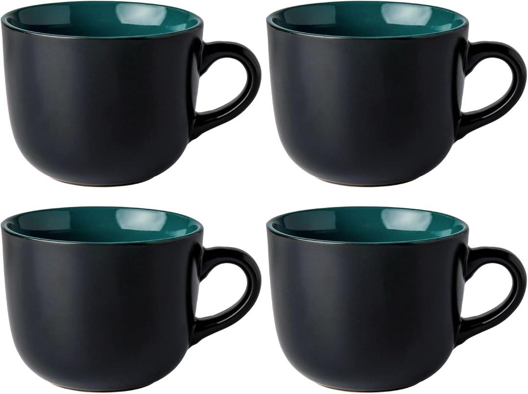 GBHOME Jumbo Soup Mugs with Handles, 24 Oz Large Coffee Mugs Set of 4, Ceramic Soup bowls for Coffee, Cereal, Snacks, Salad, Noodles etc Soup Cups, Microwave & Dishwasher safe-Green Inside