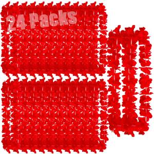 Leis for Luau Party, 24 Count Thick and Lush Flower, Graduations, Birthdays, and Beach Weddings, Tropical Party Decorations Single Color Red White Black Green Pink Blue (24 RED)