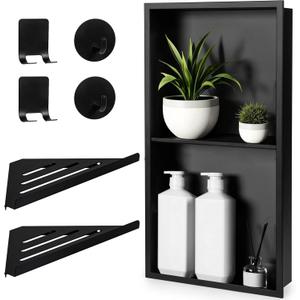 Stainless Steel Shower Niche No Tile Needed 24"x12" Inner Size (25.19"x13.19" Outside Size) Matte Black - Niche for Shower Wall - Bathroom Niches - Includes Corner Shelves Razor Holders and Wall Hooks
