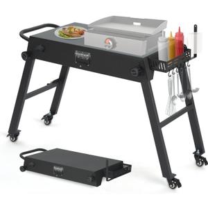 Grill Cart for Blackstone Griddle, Portable Griddle Table - Fits 17” or 22” Tabletop Grill, Foldable Ninja Woodfire Grill & Blackstone Griddle Stand for Outdoor with Wheels Black Color