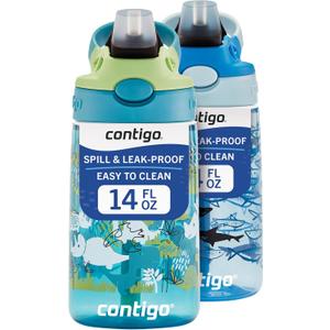 Contigo Aubrey Kids Dinos & Sharks Cleanable Water Bottle with Silicone Straw Spill-Proof Lid Dishwasher Safe 14oz 2-Pack