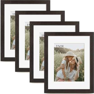 11x14 Picture Frame with Mat for 8x10 Set of 4, Distressed Black Wood Grain 11 x 14 Gallery Wall Picture Frames for Wall Mounting(4 Pack, Black)