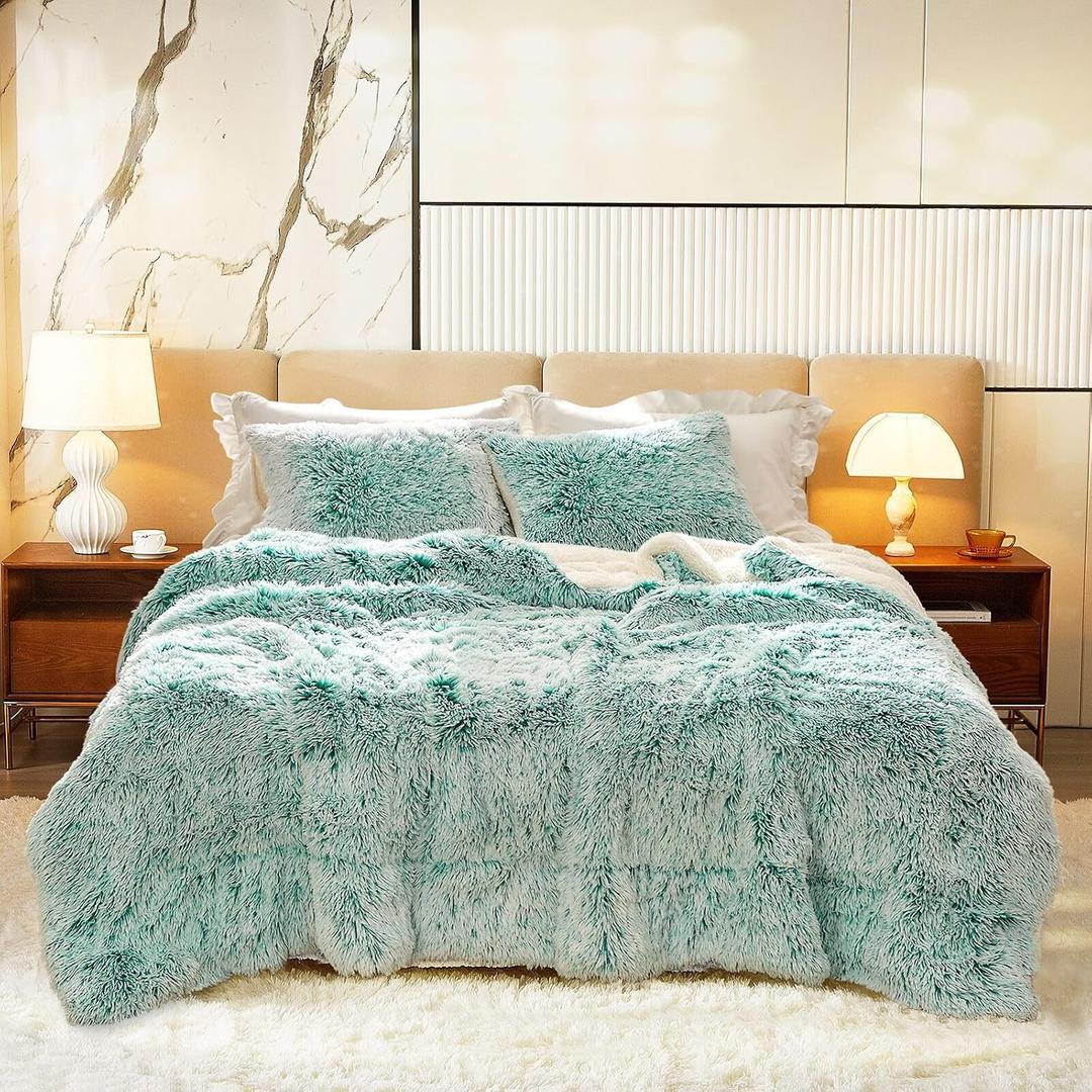 Luxury Faux Fur Shaggy Comforter Set King Size, Plush & Sherpa Reversible Comforter Teal with White, 3 Pieces Fluffy Fuzzy Bedding Set Ultra Soft and Warm for Winter (1 Comforter + 2 Pillowcases)