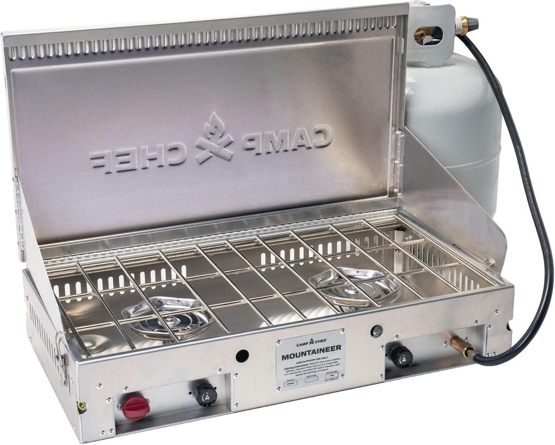 Camp Chef Mountaineer 2-Burner Camp Stove - Portable Aluminum Cooktop with 40,000 Total BTUs of Power, Wind Screen & Matchless Ignition