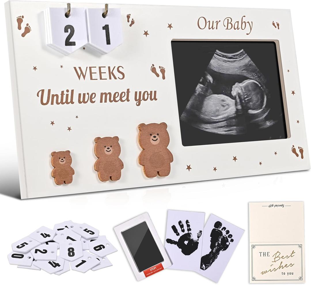 Pregnancy Countdown Sonogram Picture Frame with Number Cards & Newborn Handprint Kit Bear-Themed Ultrasound Keepsake Gift for Expecting Parents & Grandparent Reveal (Brown)