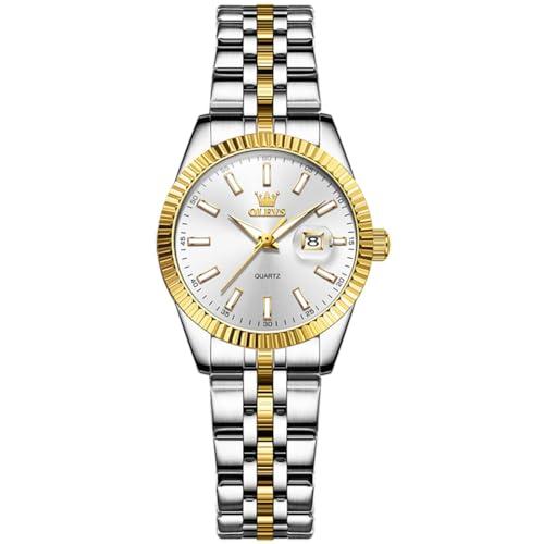 OLEVS White Watch for Women Gold and Silver Stainless Steel Bracelet Women's Dress Watches with Date Luxury Ladies Watches for Small Wrists Fluted Bezel Classic Female Watch Waterproof Luminous