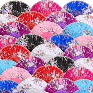 Geetery 50 Pcs Folding Chinese Hand Fan Bulk Different Flower Patterns Fabric Clacking Fans for Line Dancing for Popping Wedding Church Party(Silk,Retro)