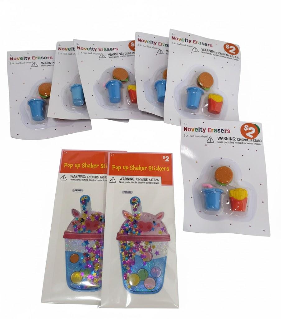 Novelty Erasers Distributed By Seasonal Celebrations Fort Mill 6 PACK, Pop Up Shaker Stickers Distributed By Seasonal Celebrations Fort Mill 2PCS