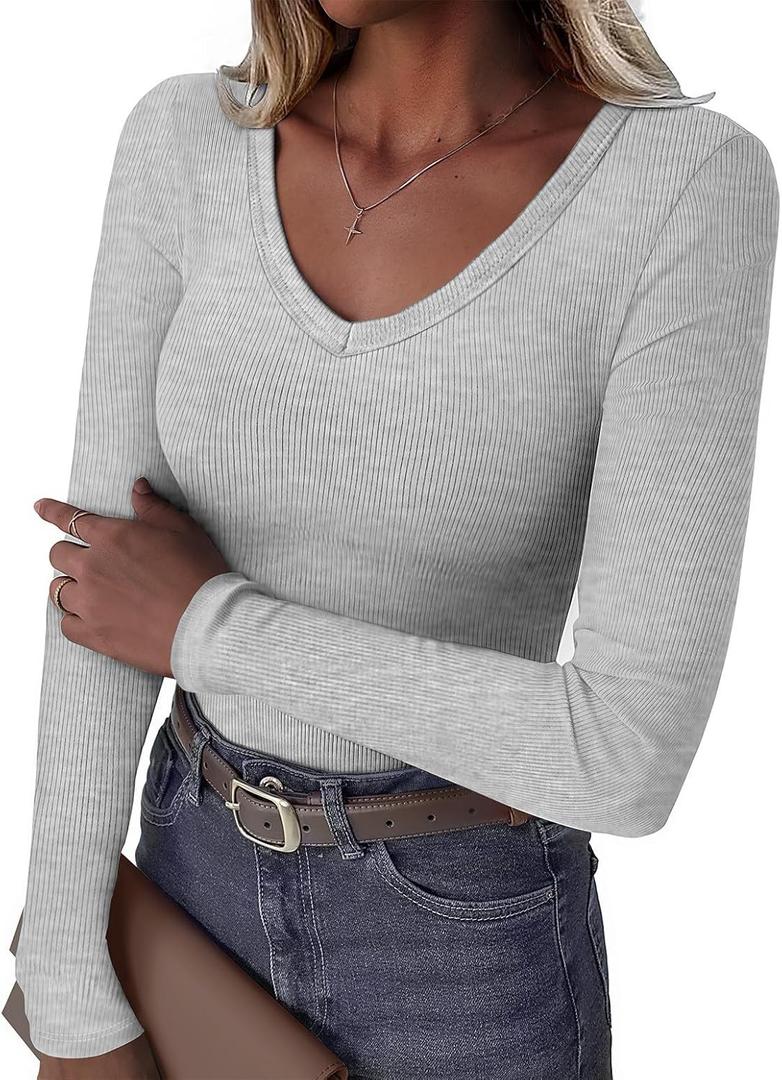 GKBK Women Long Sleeve V Neck Ribbed Knit Slim Fitted Shirts Basic Tee Cute Tshirts Going Out Tops 2025 Fall Winter Casual T Shirts Blouse Outfits Work Fashion Trendy Clothe Grey S