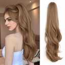 Claw Clip Ponytail Extension for Women 24'' Clip On Synthetic Hair with Fluffy Layered Wavy Heat Resistant & Natural Look Curly Fake Hair Pony Tail Extensions (Brown Mix Blonde, 7.5OZ)