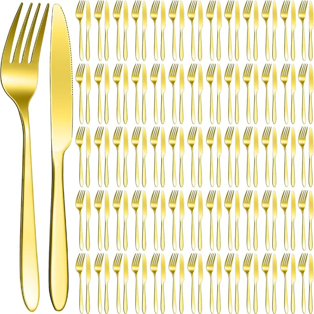 Nuenen 150 Pcs Stainless Steel Set Include 75 Dinner Forks and 75 Knives, Metal Steak Knives Forks Flatware Tableware Cutlery Set for Home Restaurant Hotel, Mirror Polished, Dishwasher Safe (Gold) (8.4 x 0.7 Inch,7.1 x 1 Inches)