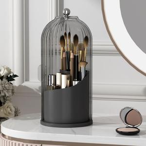 Makeup Brush Holder with Lid 360 Rotating Clear Dustproof Make Up Organizers for Vanity Bathroom Countertop, Black