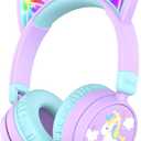 iClever Kids Bluetooth Headphones, Light Up Cat Ear, Safe Volume 74/85dBA,60H Playtime,Bluetooth 5.3,USB C Charging,Wireless Kids Headphones AUX Cord for iPad School Travel, Meow Cookies-Purple/Green