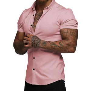 JMIERR Men's Muscle Fit High Stretch Wrinkle-Free Button Down Dress Shirts Summer Casual Short Sleeve Shirt (Pink, S)