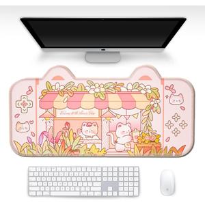 PERFECTSIGHT Cute Cat Desk Mat Kawaii Flower Store Desk Pad, Pink Switch Large Gaming Mouse Pad, Funny Florists Deskmat Mousepad, Anime Laptop Keyboard Pad Office Home Decor for Women Girls, Kitty