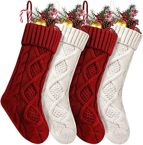 Pack of 4 Christmas Stockings 18 Inches Large Size Cable Knitted Stocking Gifts & Decorations for Family Holiday Xmas Party, Ivory White and Burgundy
