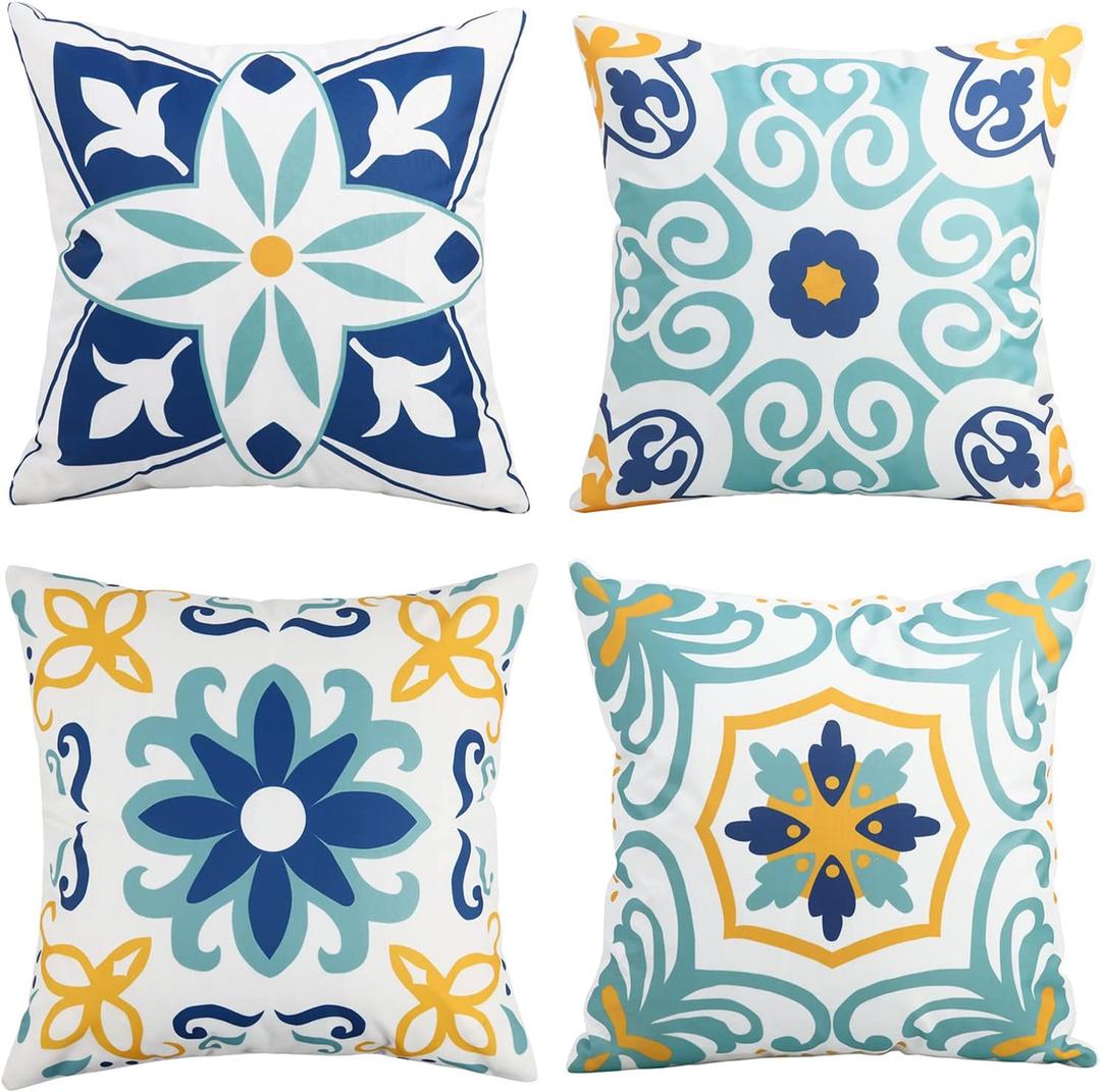 Pyonic Outdoor Waterproof Throw Pillow Covers Set of 4 Floral Printed and Boho Farmhouse Outdoor Pillow Covers for Patio Funiture Garden 18x18 Inch Blue