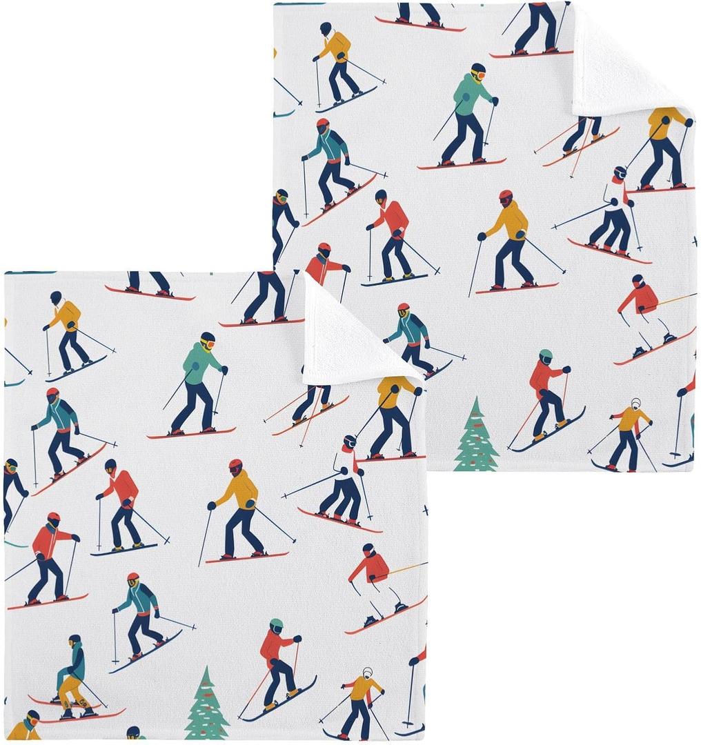 Soft Cotton Washcloths,Winter Sports Skiers Fingertip Towel Highly Absorbent Wash Cloths Quick Drying Bath Towel for Bathroom,Spa,Gym,Kitchen,Set 4