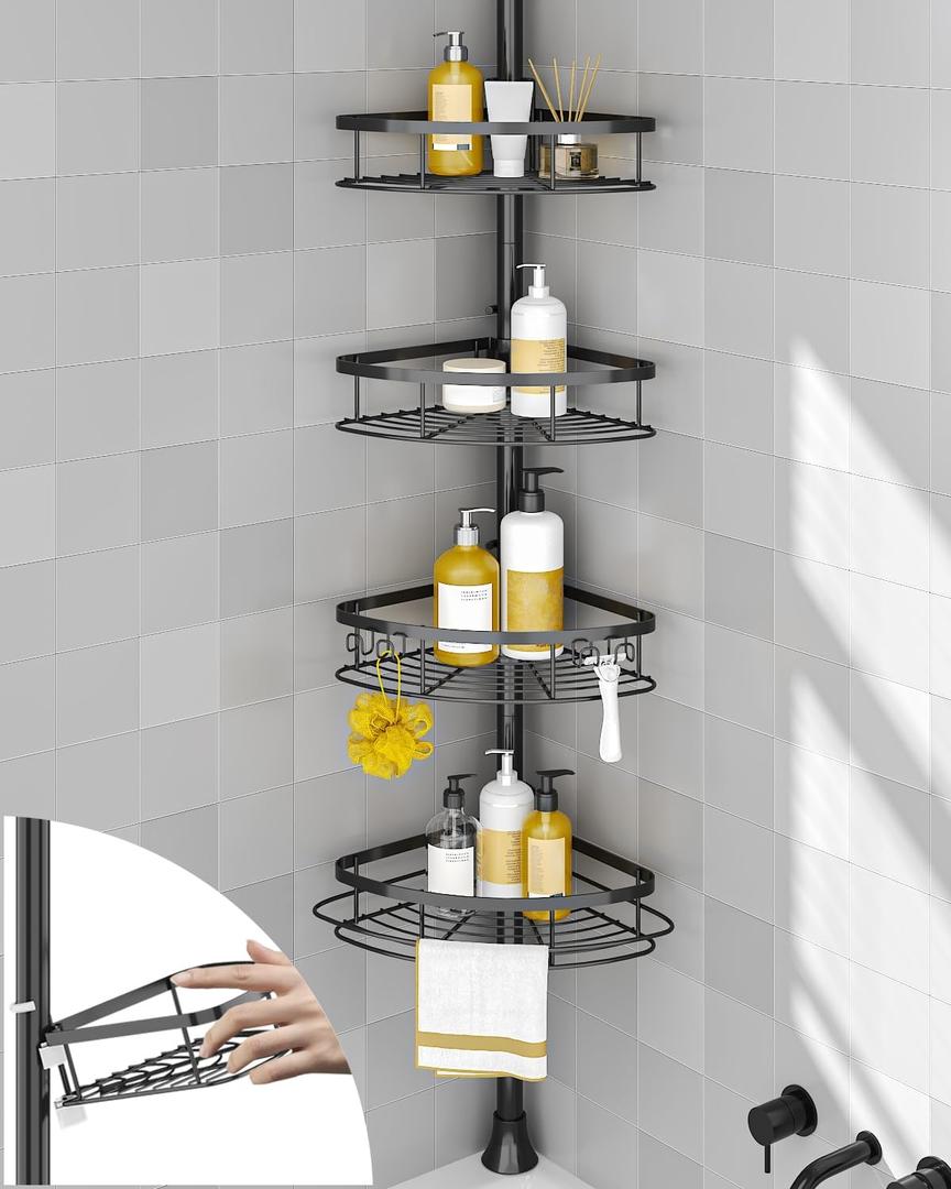 SEIRIONE Corner Shower Caddy Tension Pole, Rustproof Bathroom Shower Organizer Corner, 4-Tier Adjustable Bathroom Shelf, Solid Rack Ideal for Bathtub Storage, 39 to 113 Inch Height, Black