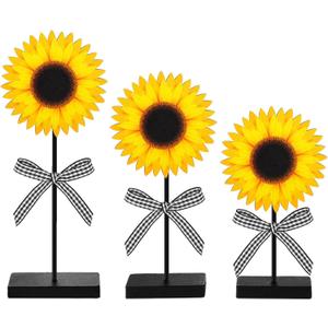 Geetery 3 Pcs Summer Sunflower Wood Table Sign Freestanding Sunflower Tabletop Decor Farmhouse Wooden Centerpieces for Tables Rustic Wood Tray Home Decor Standing Block Decorations for Kitchen