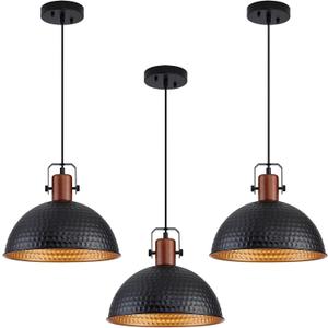 12 Inch Black Pendant Lights Hammered Matte Pendant Lights for Kitchen Island Industrial Farmhouse Adjustable Height Dome Hanging Light Fixtures for Barn, Dining Room 3 Packs