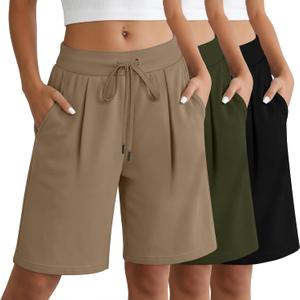 Locoowai 3 Pack Women's Bermuda Shorts Drawstring Casual Lounge Elastic Waist Athletic Yoga Running Shorts with Pockets (Beige, XL)