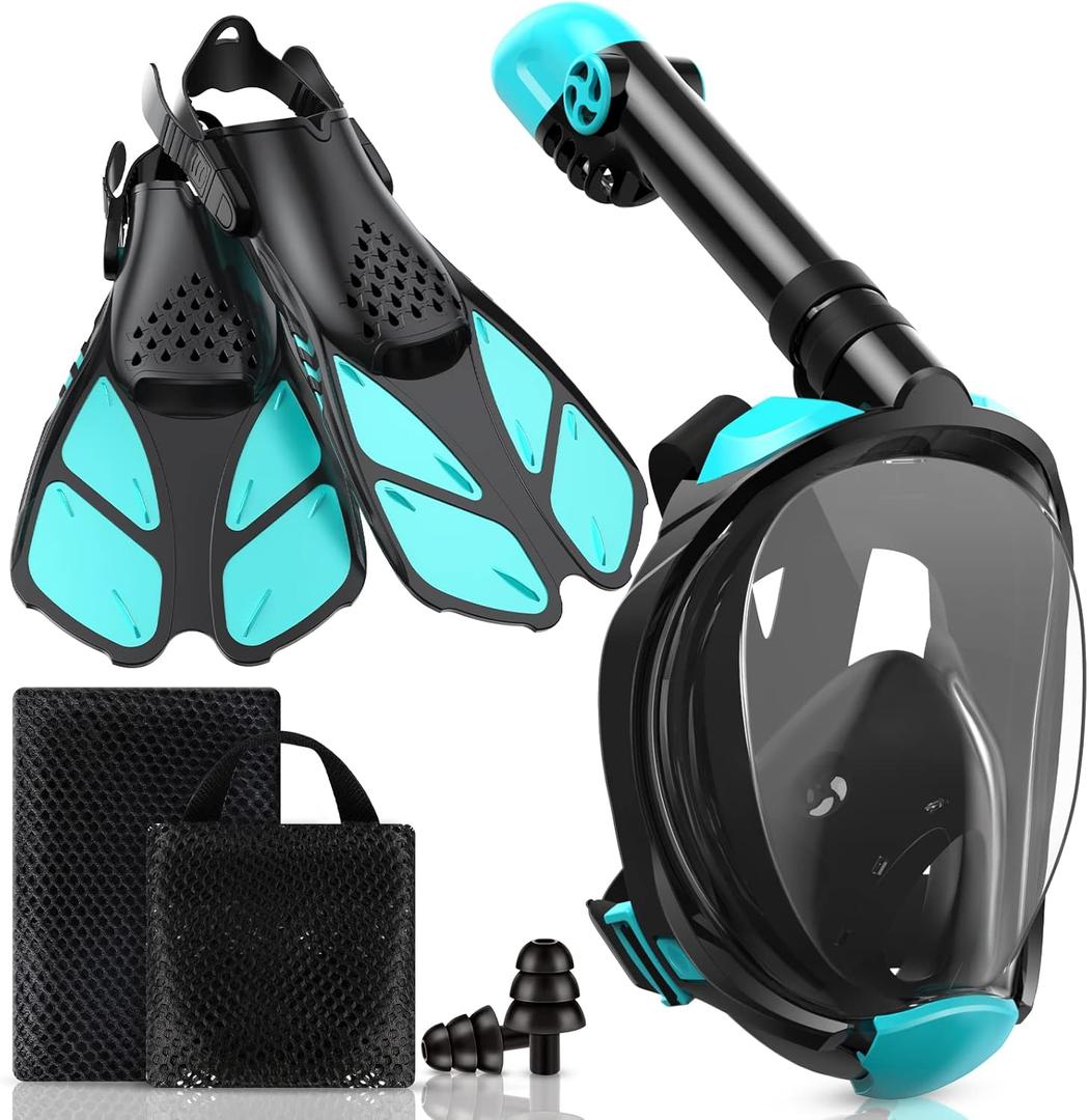 Mask Fins Snorkeling Gear for Adults, Full Face Snorkel Mask & Adjustable Swim Fins Snorkel Set, Panoramic View Snorkel Mask Dry Top Anti-Fog Anti-Leak (Black Green)