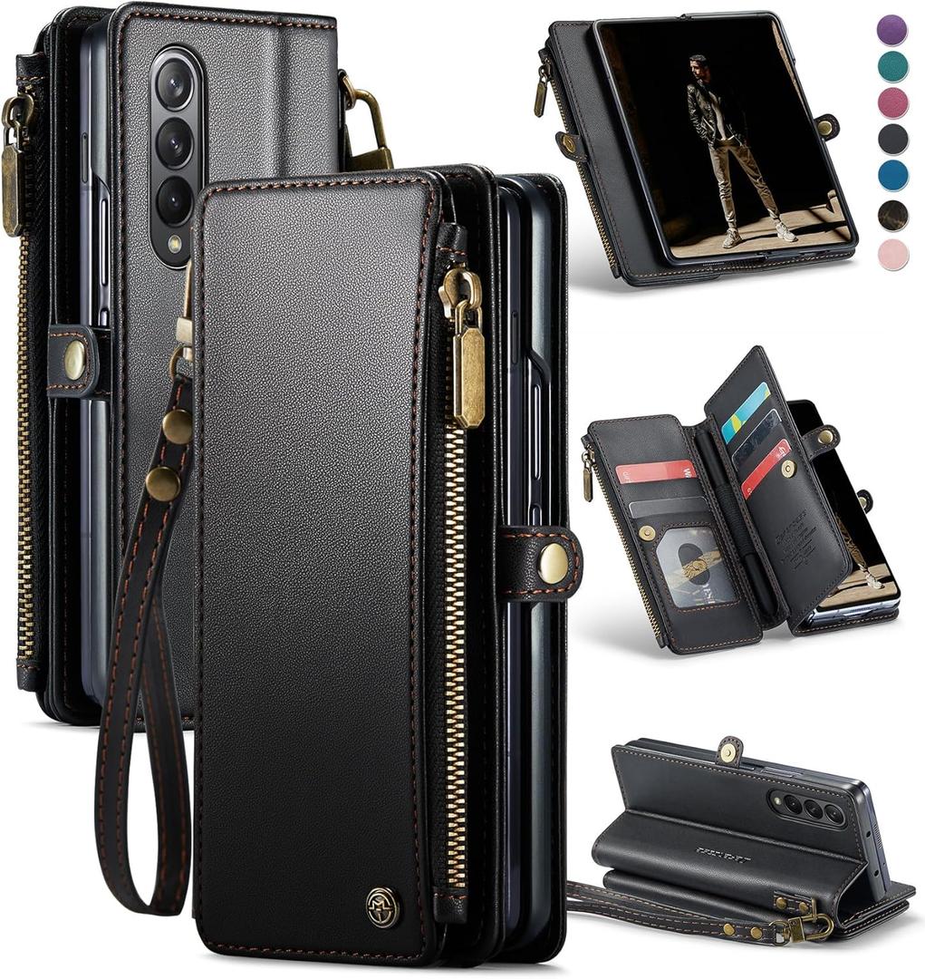 Defencase Wallet Case Compatible with Samsung Galaxy Z Fold 4 with RFID Blocking Card Holder & S Pen Holder Slot PU Leather Magnetic Snap Flip Zipper Strap Phone Case Fit for Galaxy Z Fold 4, Black