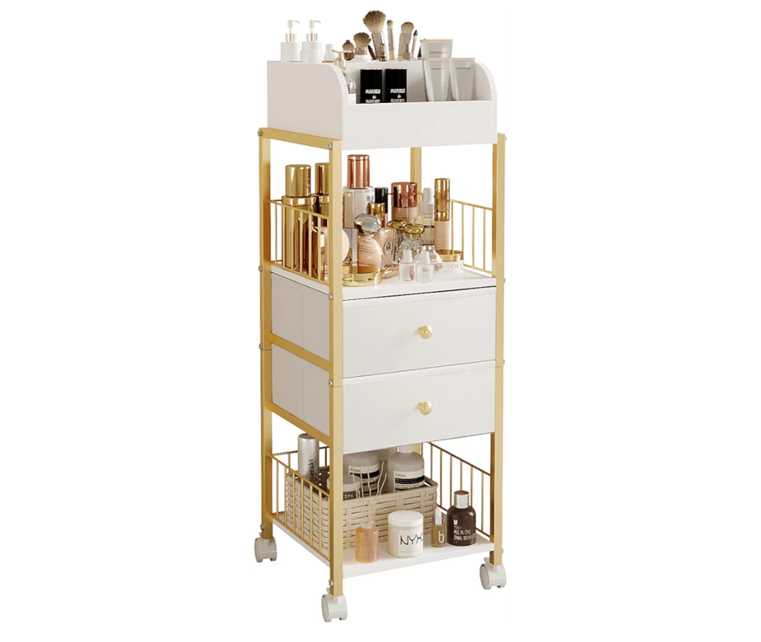 Makeup Organizer Storage Cart, Large Skincare organizers, Makeup Stand with Drawers, Makeup Vanity Organizer Cosmetics Display Cases Holder for Skin Care Nail Polish Perfume Makeup Brush (Gold)