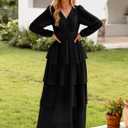 BerryGo Womens Flowy Maxi Dress Chiffon Long Sleeve Slit V Neck Casual Ruffle Tiered Boho Fall Wedding Guest Long Dress (Black, M)