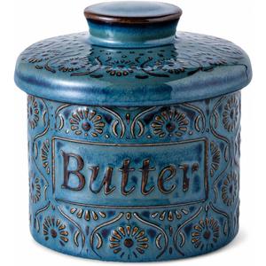 Ceramic Butter Crock, French Butter Keeper, Butter Crock for Counter with Water (Vintage Blue)