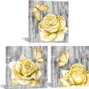 sechars Yellow and Grey Flower Wall Art Floral with Butterfly Paintings Canvas Prints Modern Bathroom Bedroom Decor Artwork (Yellow)